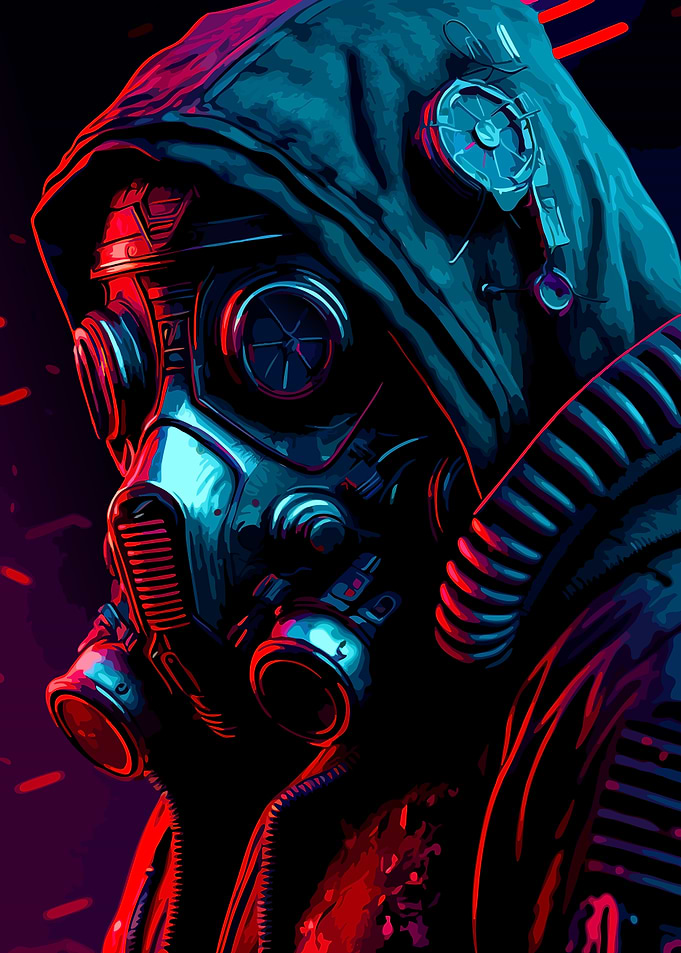 Hooded Figure with Gas Mask