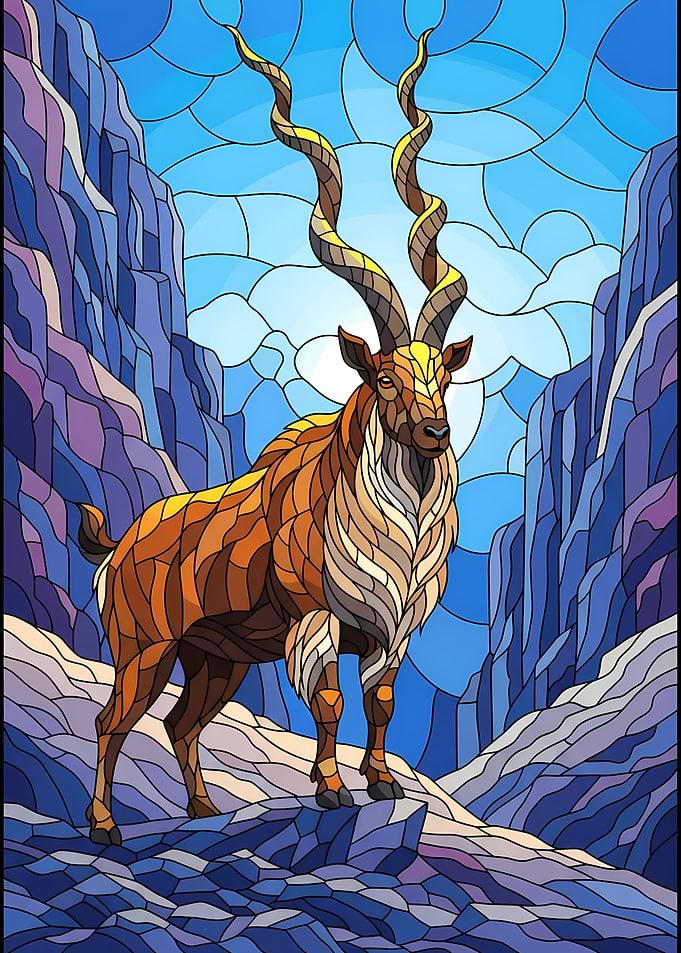 Stained Glass Markhor in Mountains
