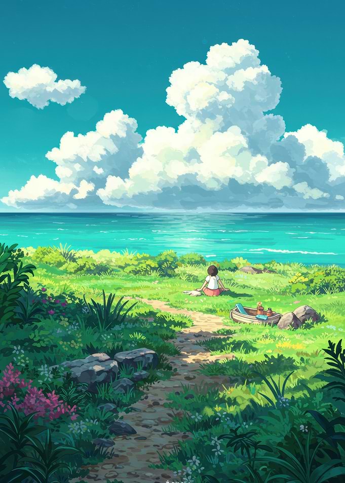 Anime Coastal Landscape with Girl
