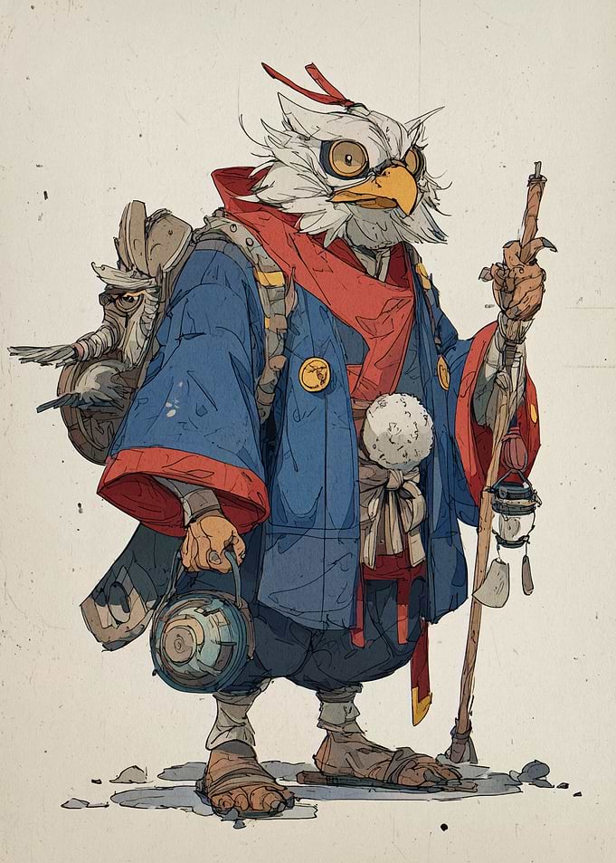 Anthropomorphic Owl Character in Traditional Clothing