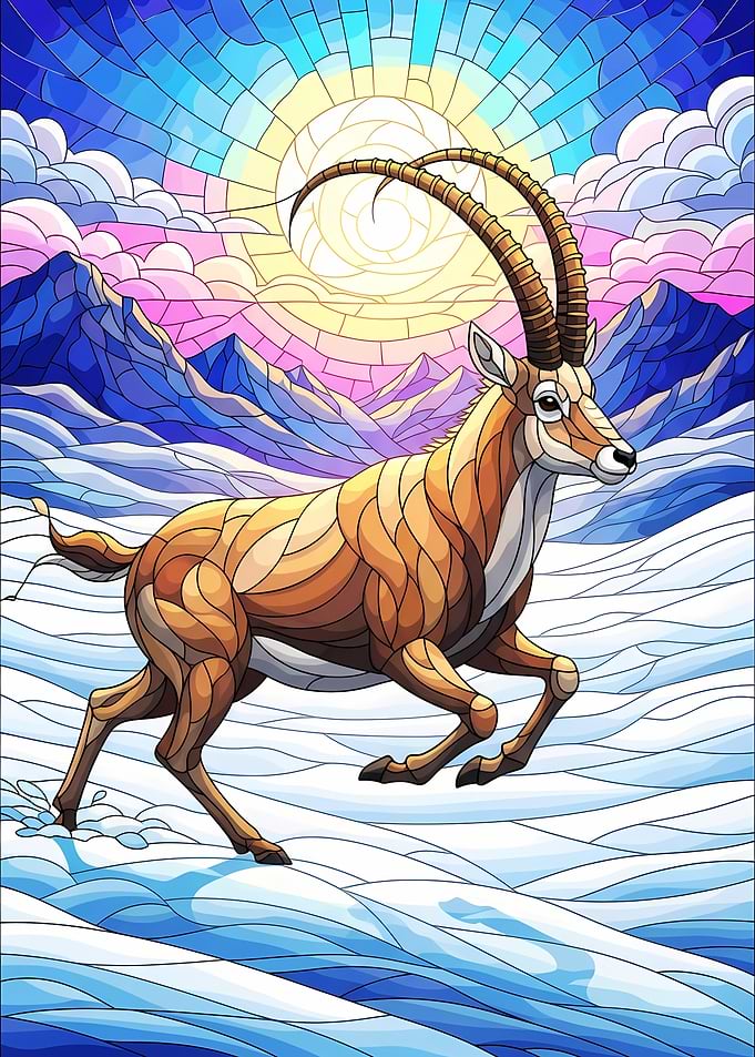 Stained Glass Ibex in Winter Landscape