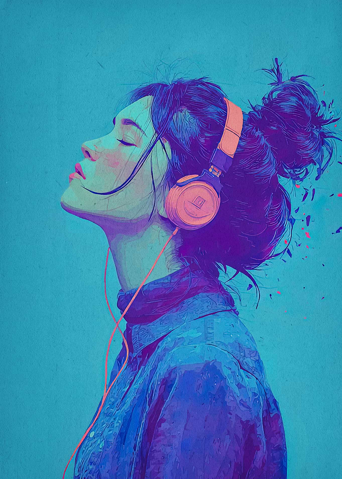 Woman with Headphones in Blue Tones