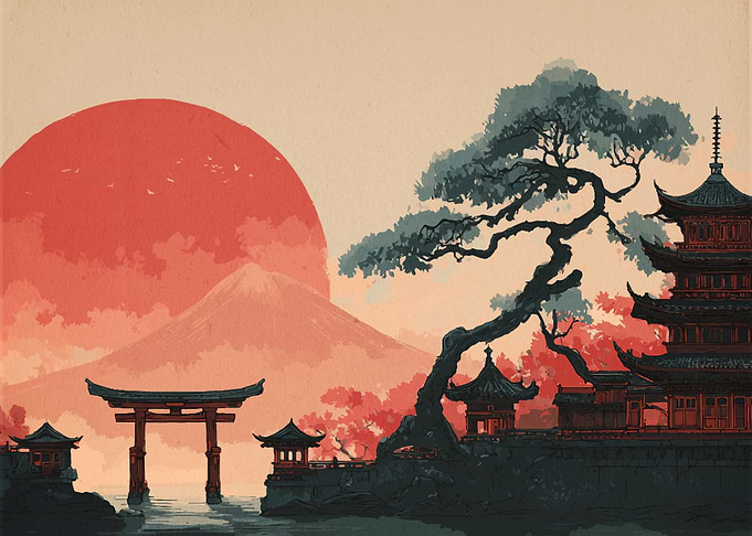 Japanese Landscape with Pagoda and Torii