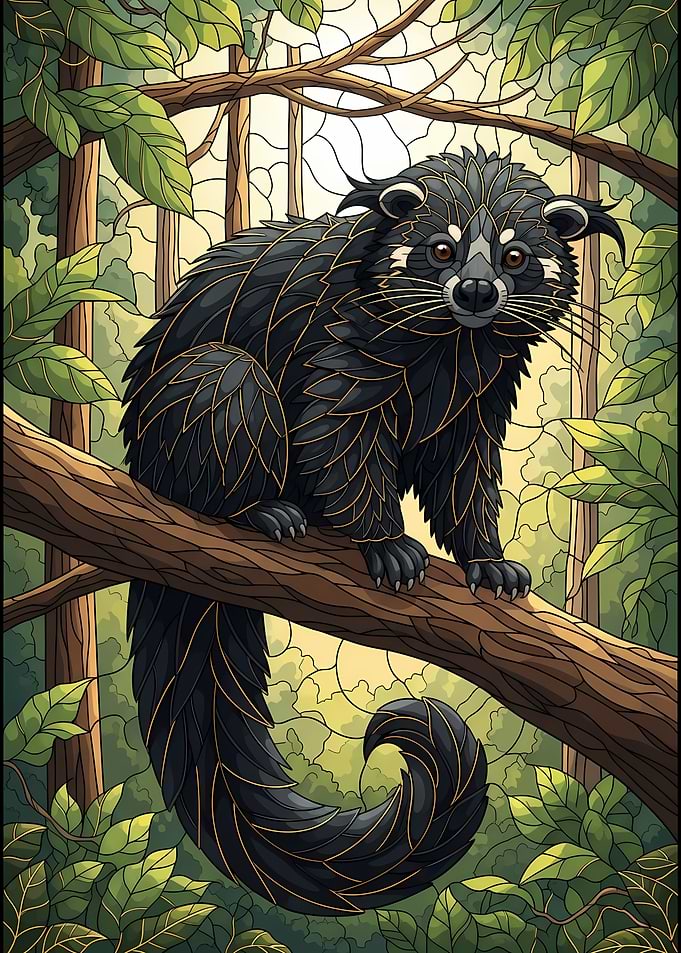 Binturong in Forest Stained Glass Style
