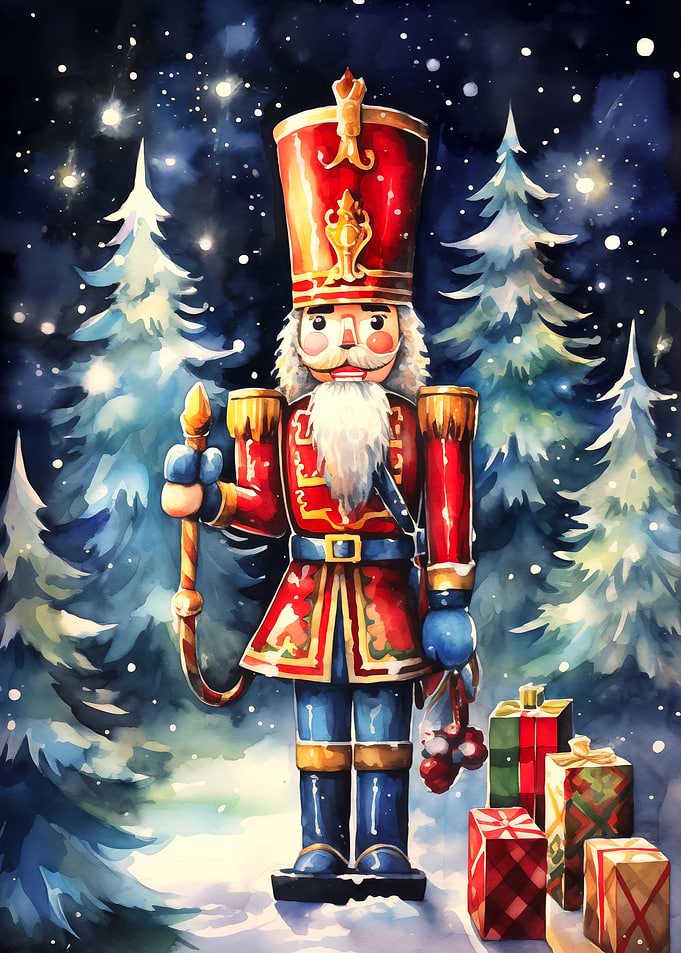 Watercolor Nutcracker with Christmas Gifts