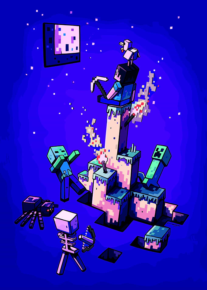 Minecraft Scene with Steve and Mobs