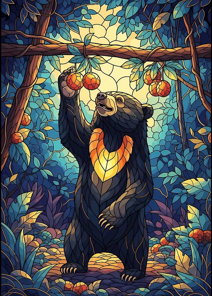 Stained Glass Bear Reaching for Fruit