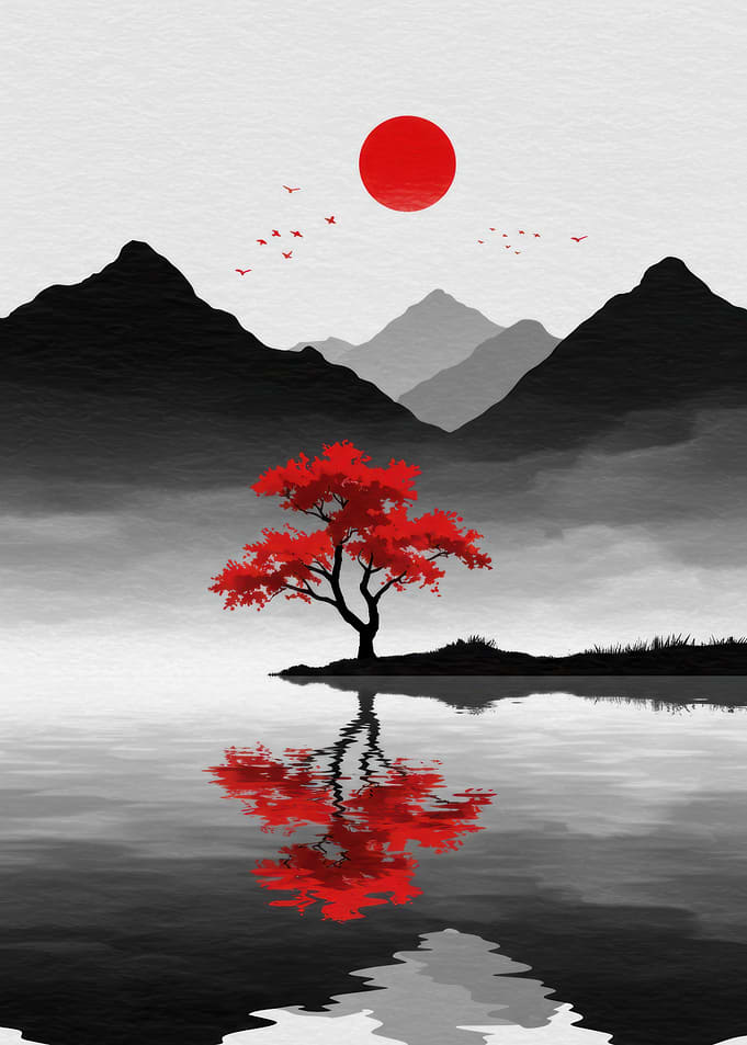 Red Tree Reflection Landscape Art