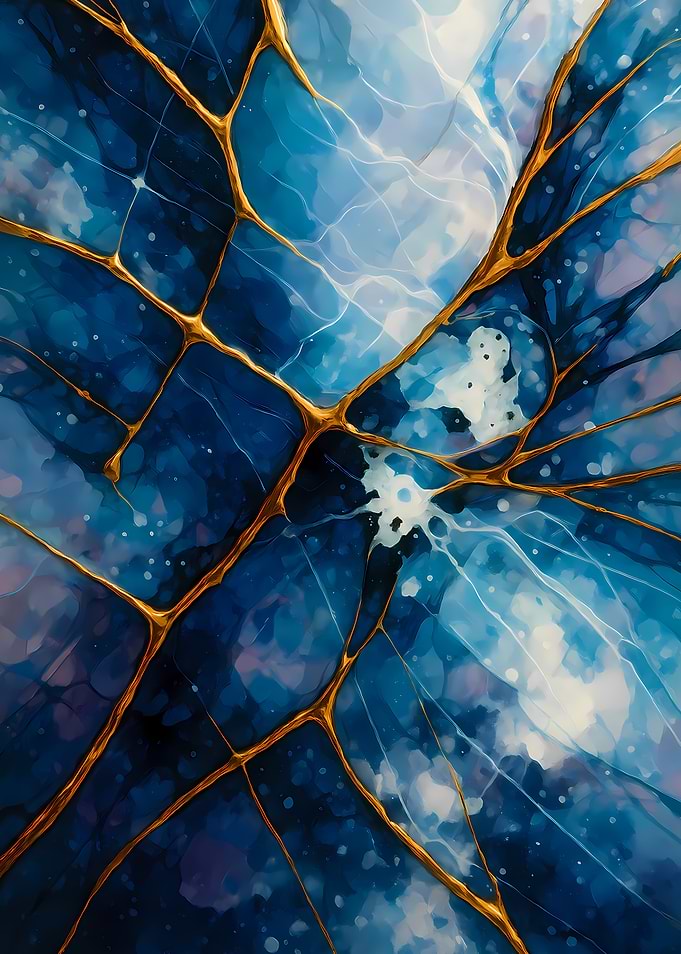 Abstract Porcelain #111 - Abstract Blue and Gold Veins