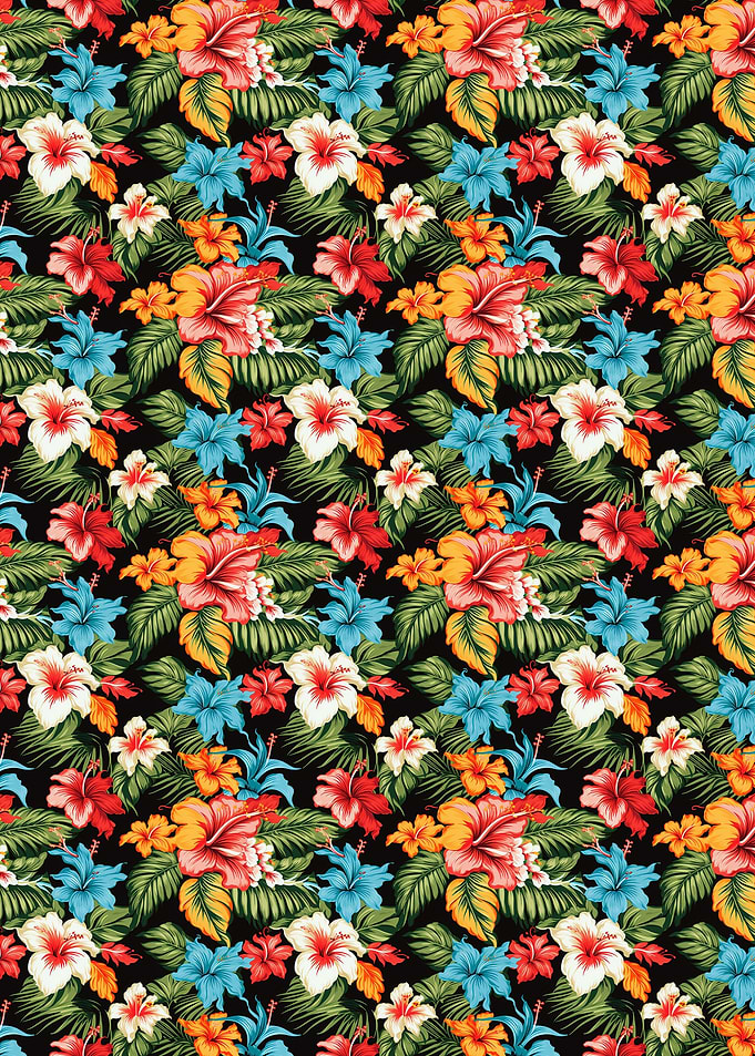 Tropical Hibiscus Floral Pattern on Black