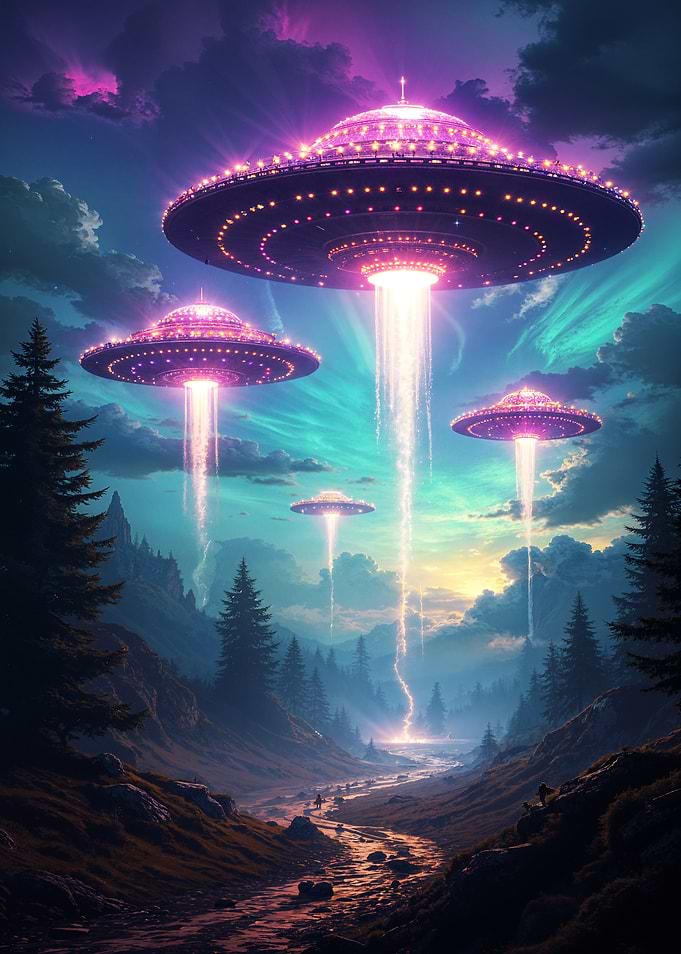 UFOs over a forest landscape