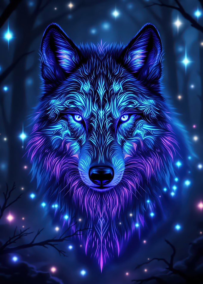 Neon Wolf Portrait in Dark Forest