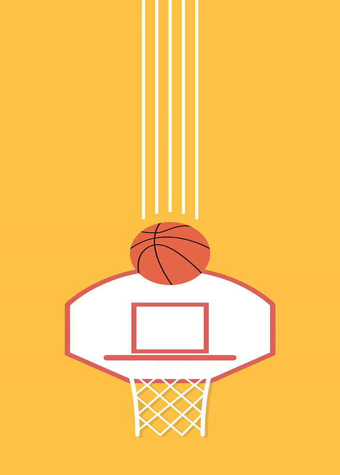 Basketball and Hoop on Yellow Background
