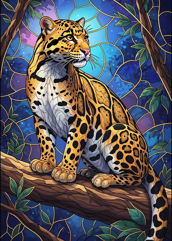 Leopard on Branch Stained Glass Style