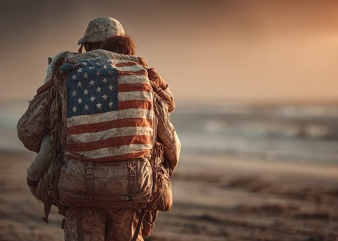 Soldier Carrying Child with American Flag