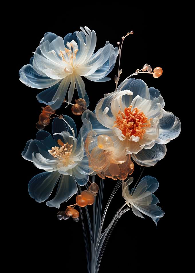 Translucent Floral Arrangement on Black Background