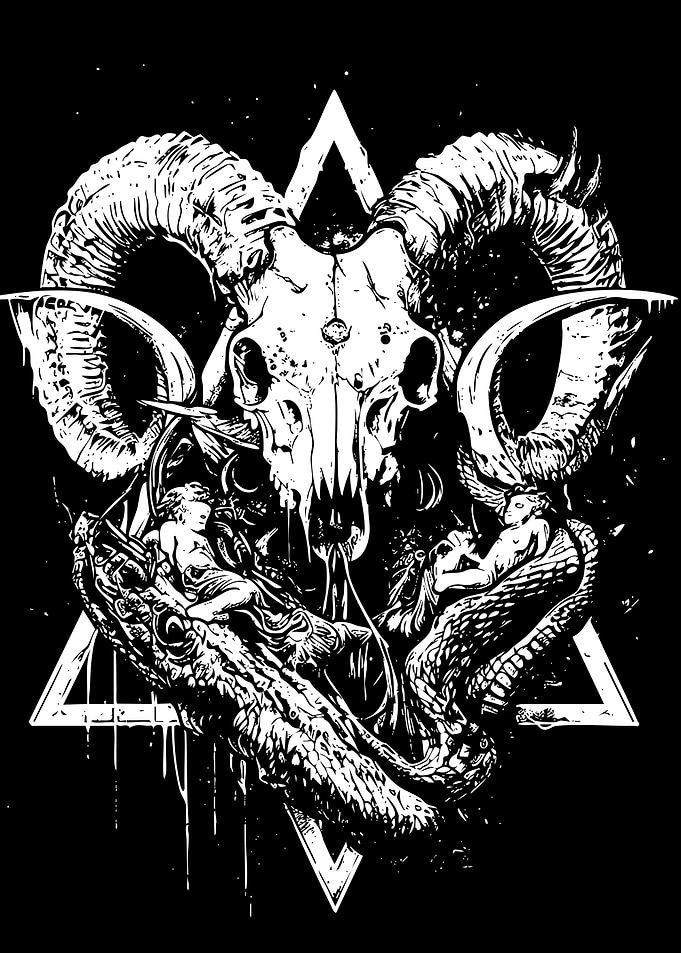 Ram Skull with Snake and Figures
