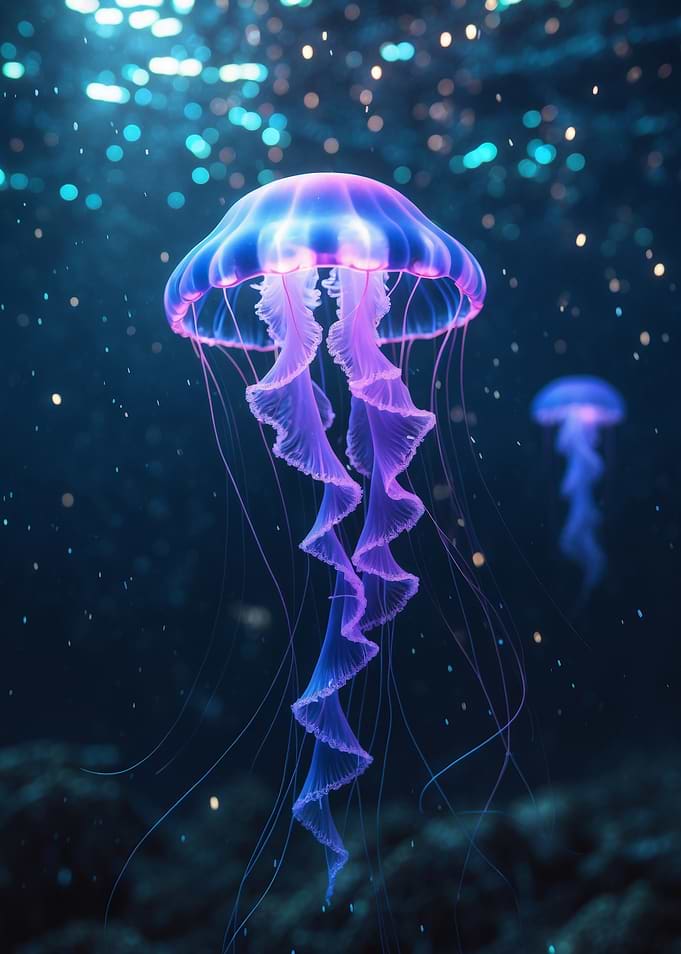 Glowing Jellyfish in Deep Blue Sea
