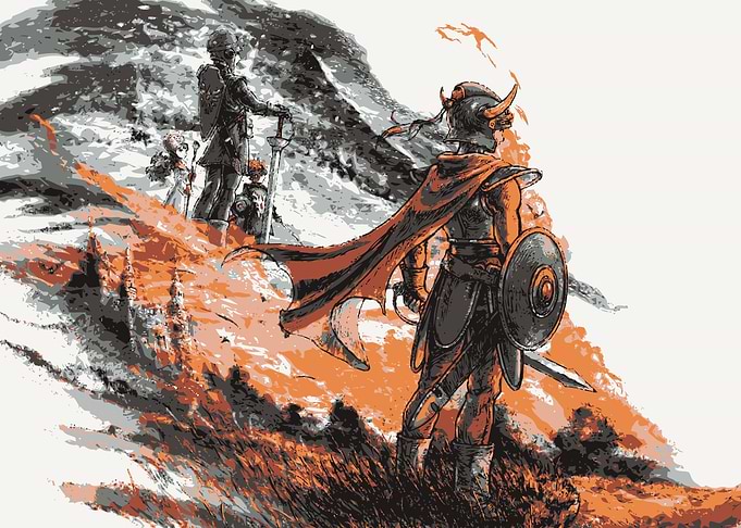 Fantasy Warrior and Companions Landscape Art