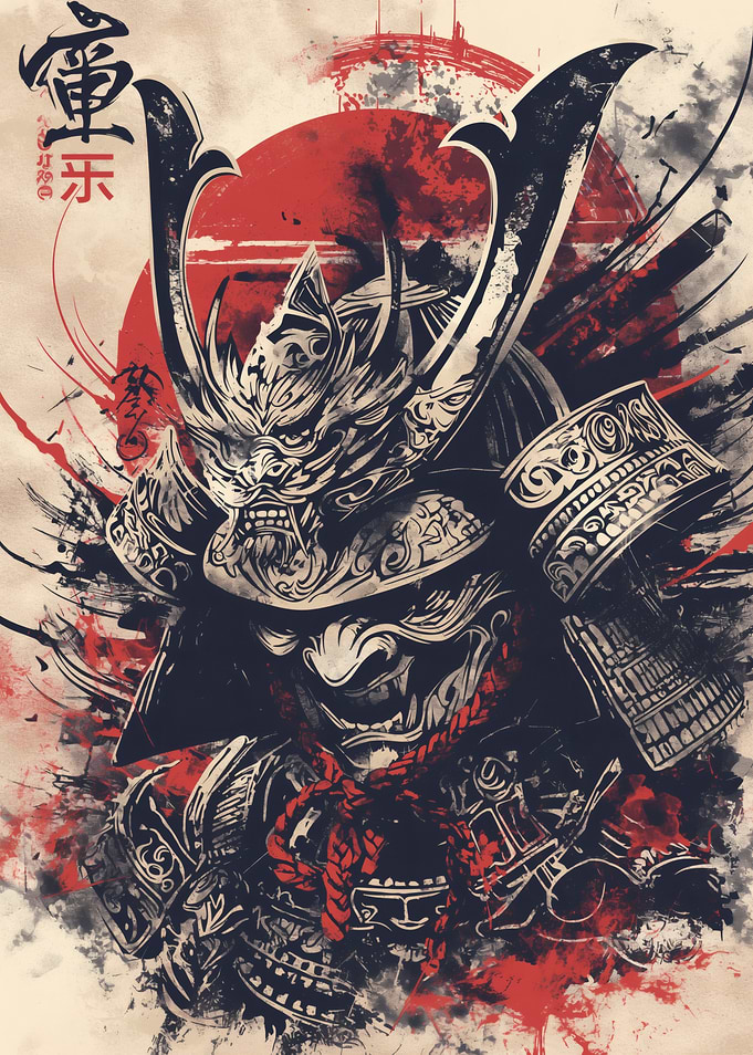 Samurai Warrior Illustration with Red Sun