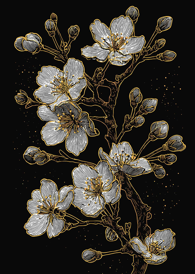 Cherry Blossom Branch Gold and White