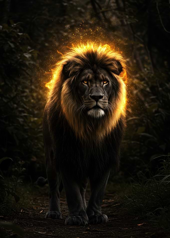 Lion with Fiery Mane in Forest