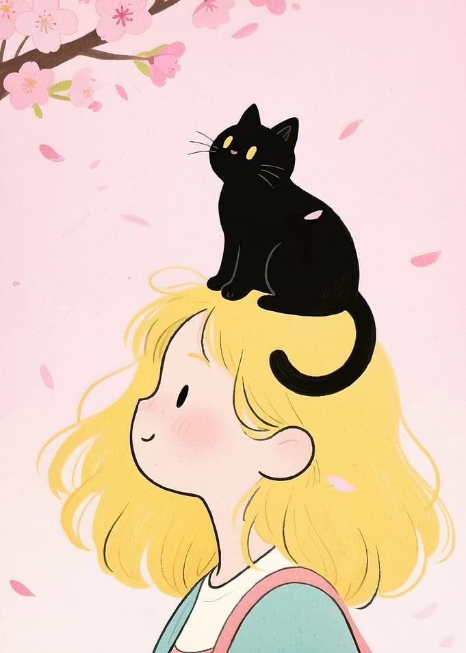 Girl Cat Cherry Blossoms
