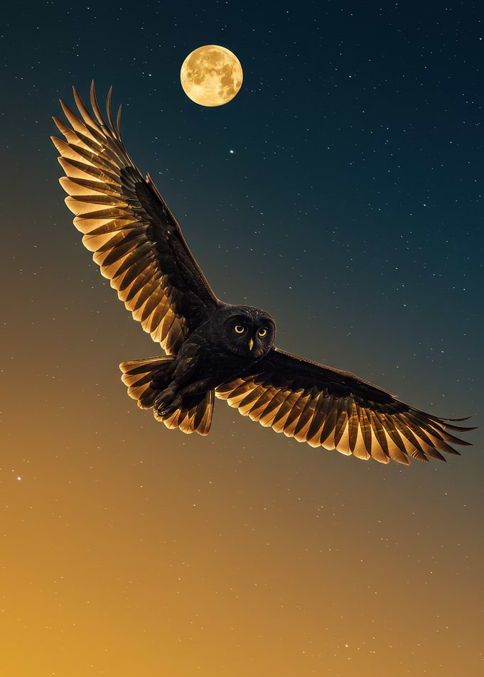 Owl in Flight Under Full Moon