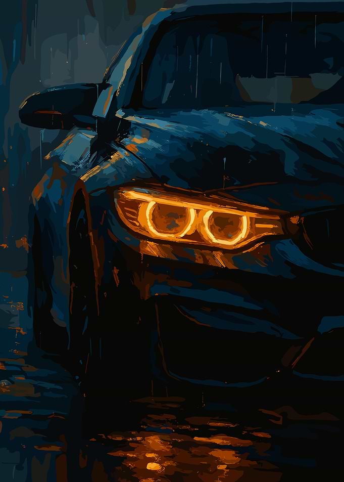 Blue Car in the Rain Painting