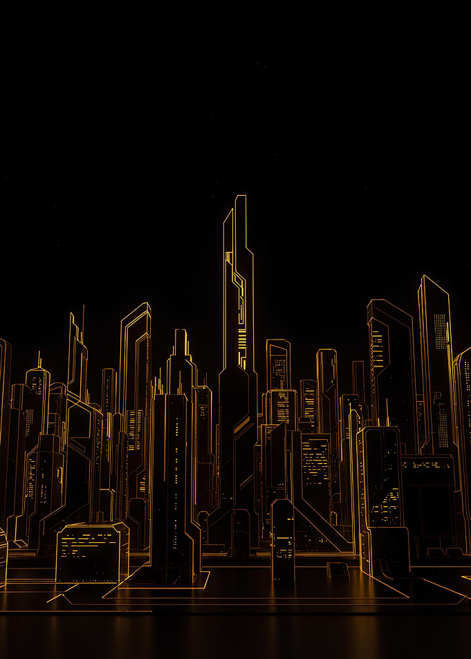 Futuristic Cityscape with Golden Outlines