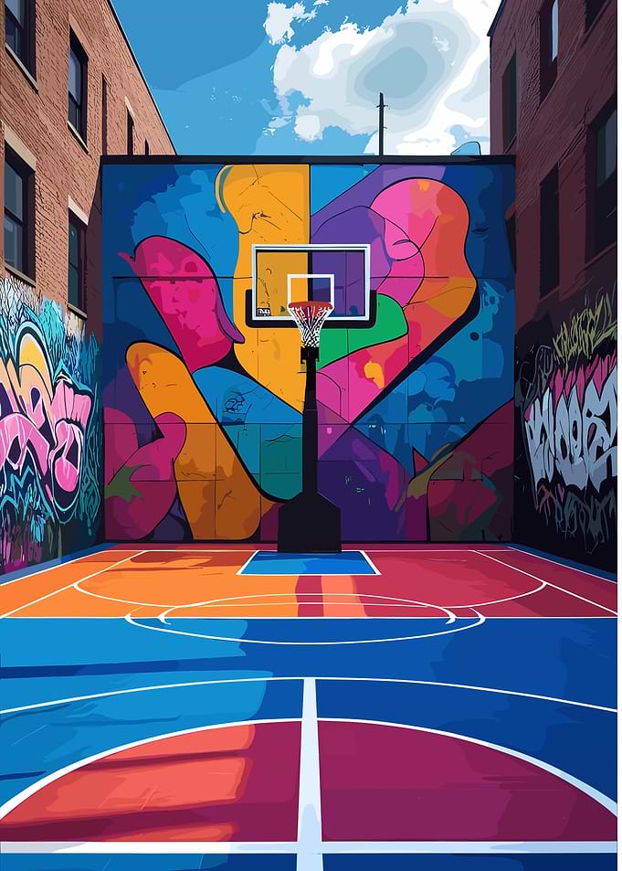 Urban Basketball Court with Graffiti Art