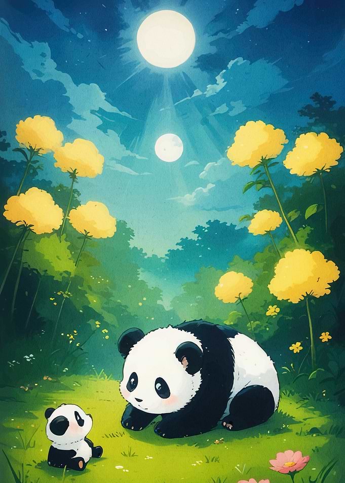 Panda Family Floral Meadow