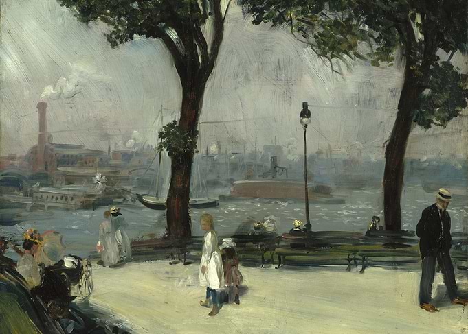 Cityscape Painting with Figures and Harbor