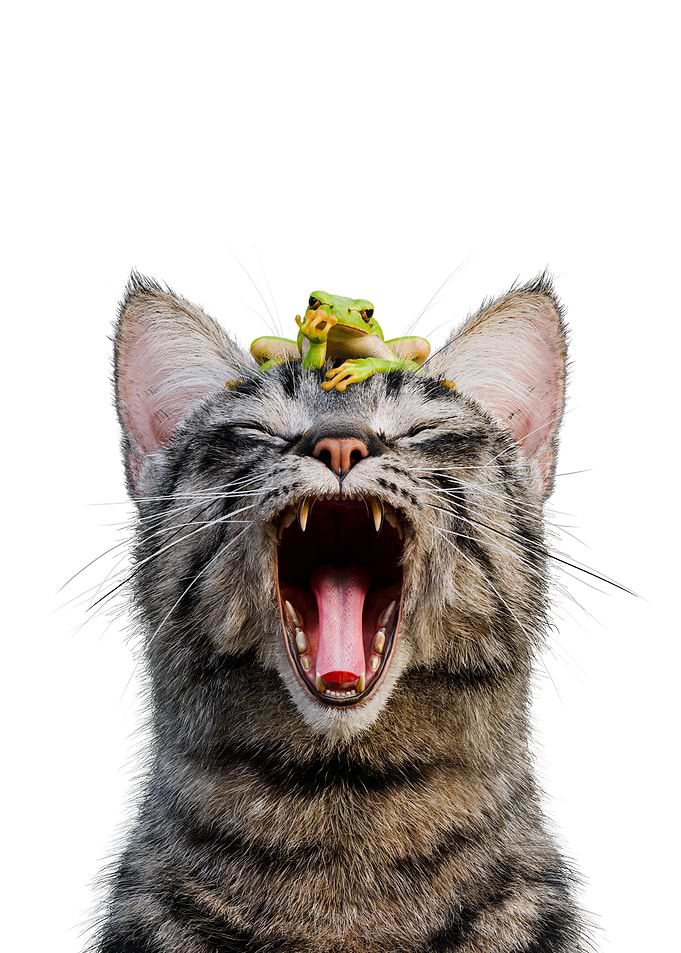 Yawning Cat with Frog on Head