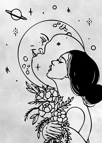 Celestial Woman with Moon and Flowers