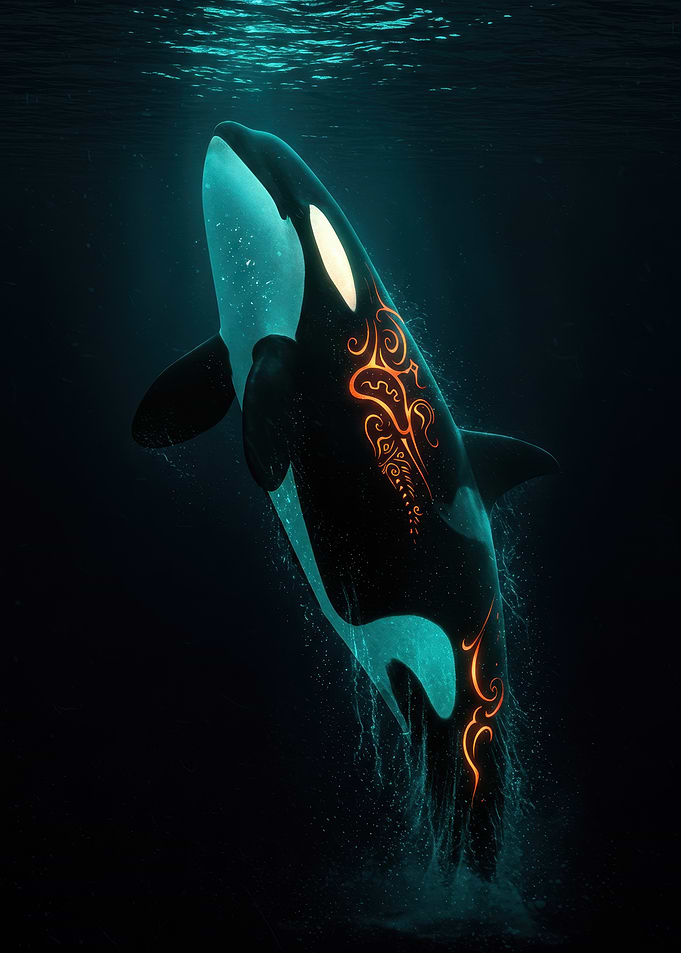 Orca with Tribal Markings in Deep Sea
