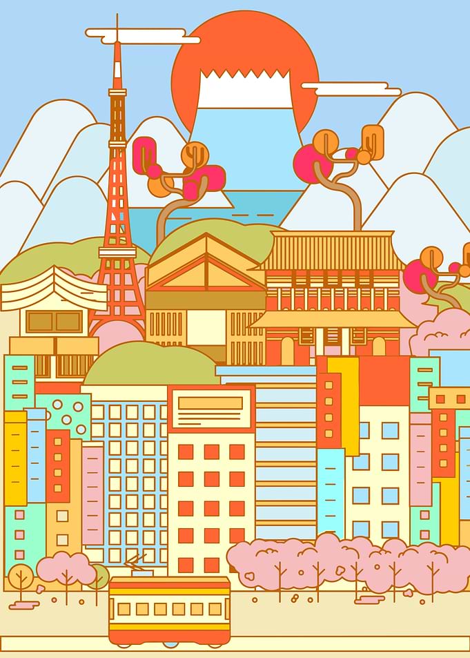 Tokyo Cityscape Illustration with Mount Fuji