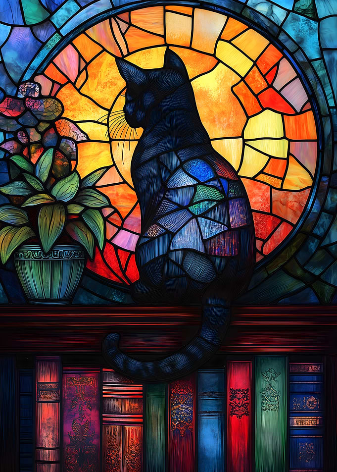 Stained Glass Cat on Bookshelf