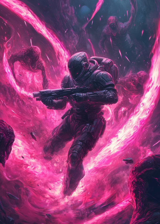 Futuristic Soldier in Pink Nebula Against Hell Dwellers