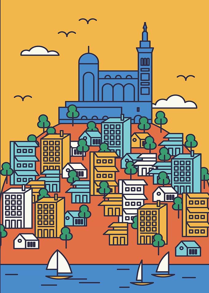 Colorful Cityscape Illustration with Sailboats