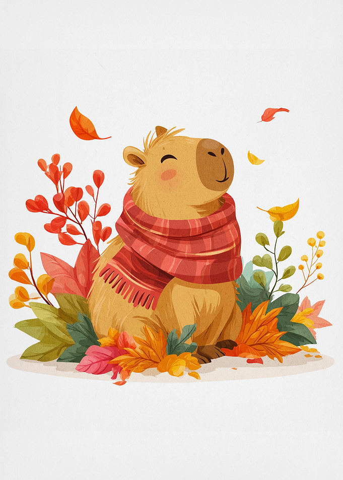 Cute Capybara with Scarf and Leaves