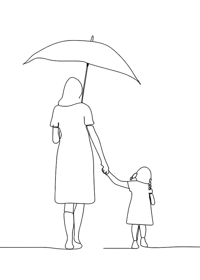 Mother and Child Under Umbrella Minimalist Line Art