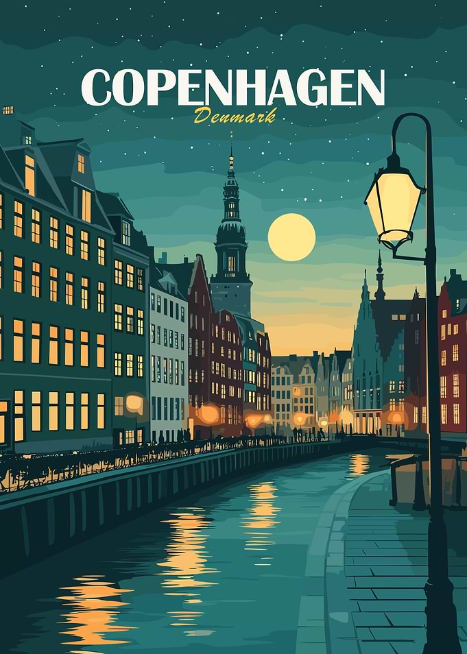 Copenhagen, Denmark Cityscape at Night