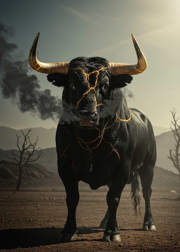 Powerful Black Bull with Golden Cracks