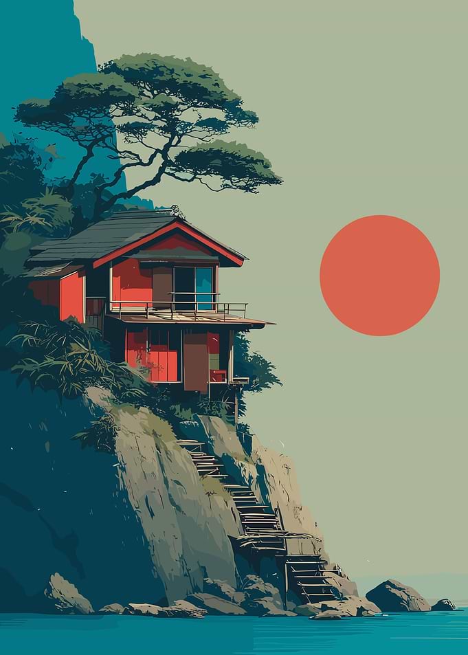 Japanese House on Cliff with Sunset