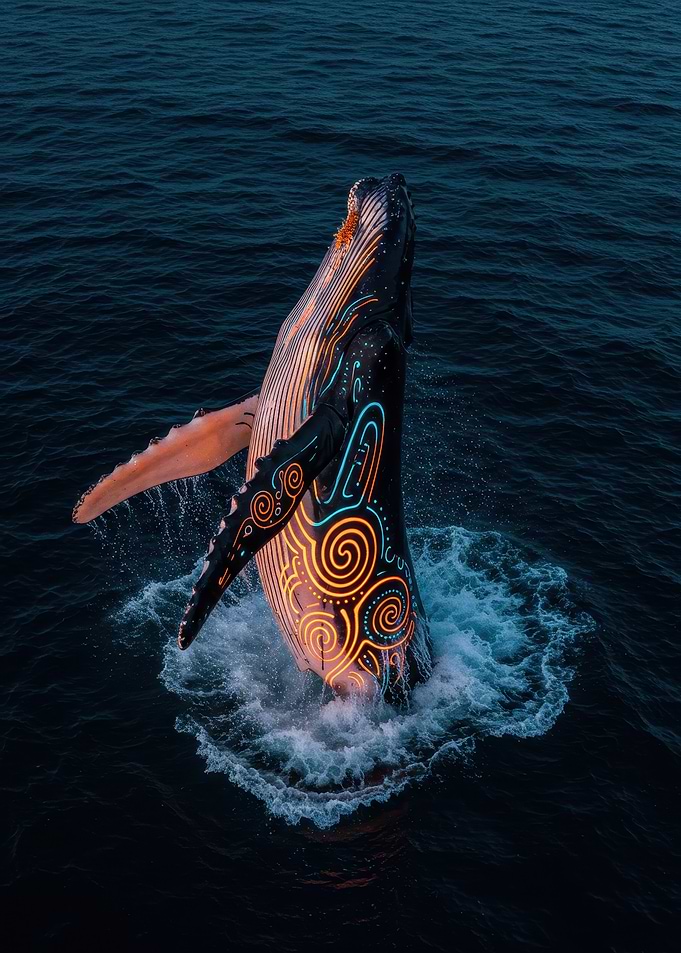 Glowing Whale Breaching Dark Ocean