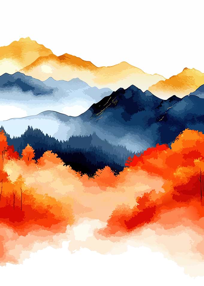 Watercolor Mountain Landscape with Autumn Trees