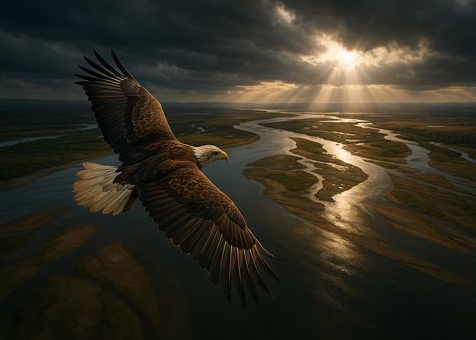 Bald Eagle Soaring Over River Landscape