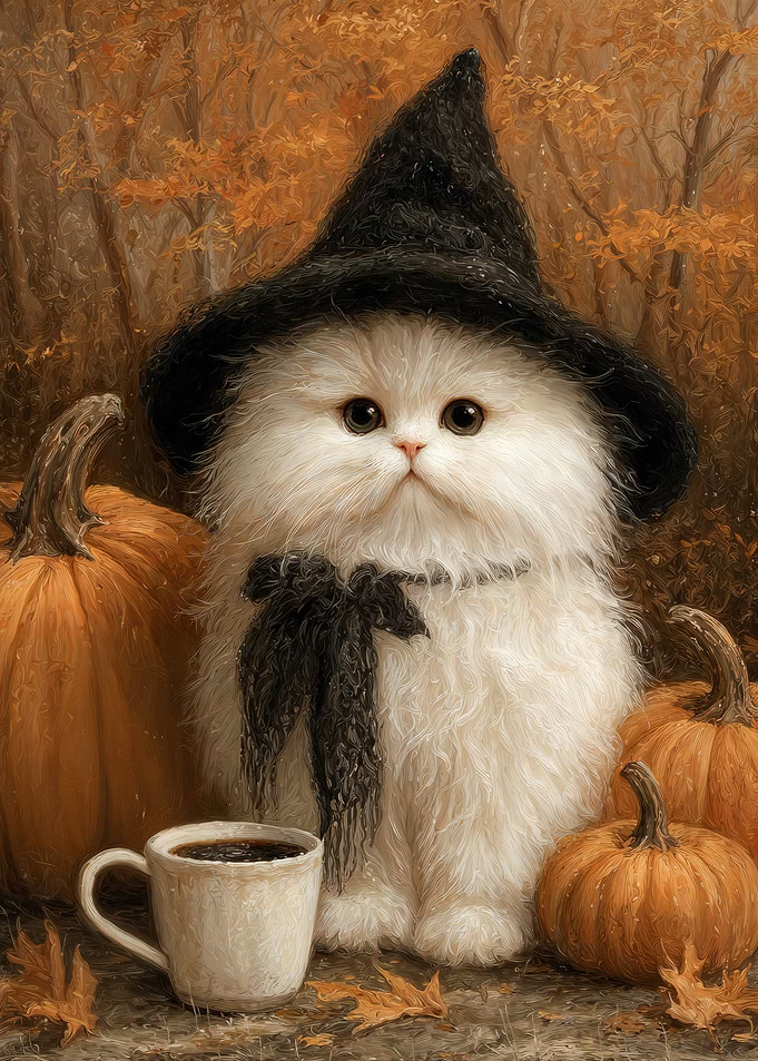 Halloween White Witch Cat with Pumpkins