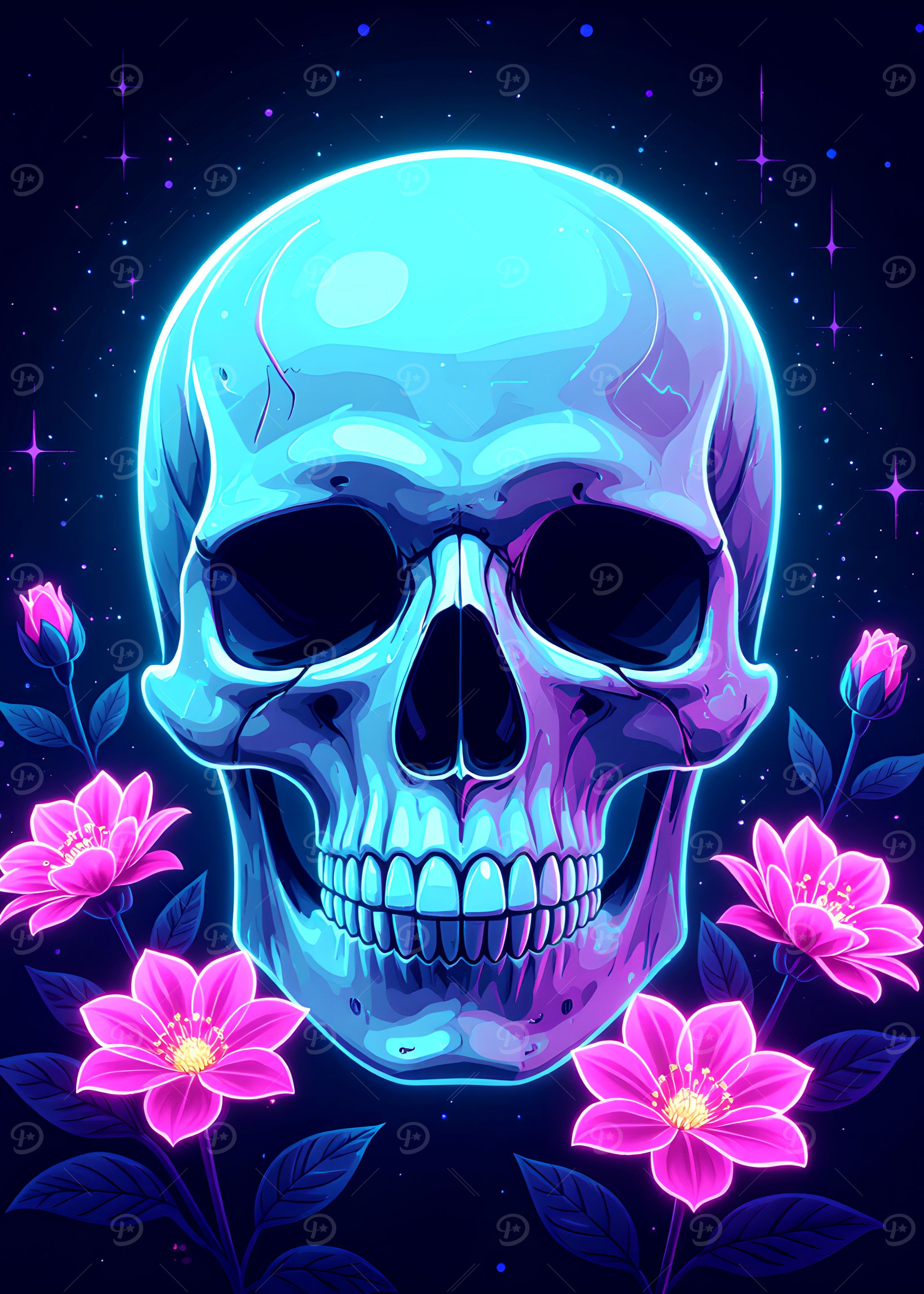 Neon Skull with Flowers